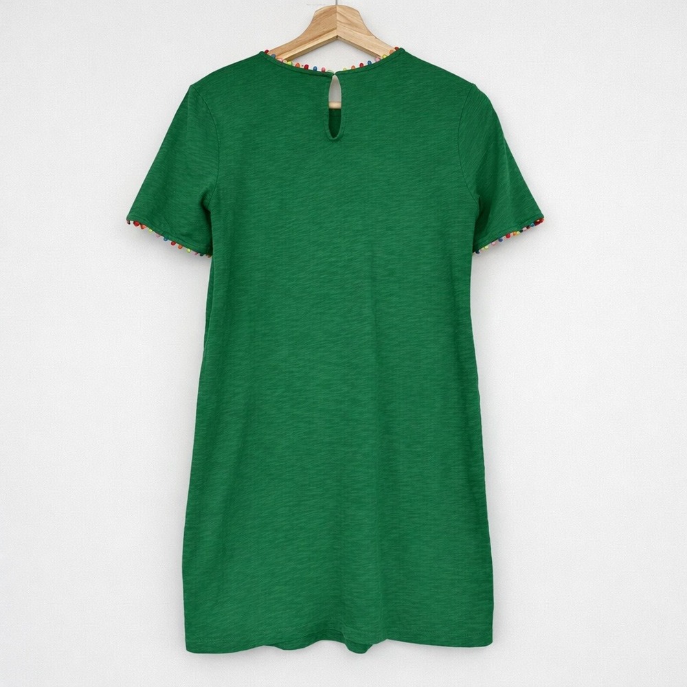Boden Green Tshirt Dress Short Sleeves Colored Pom Pom Trim Size 6 - Picture 2 of 5